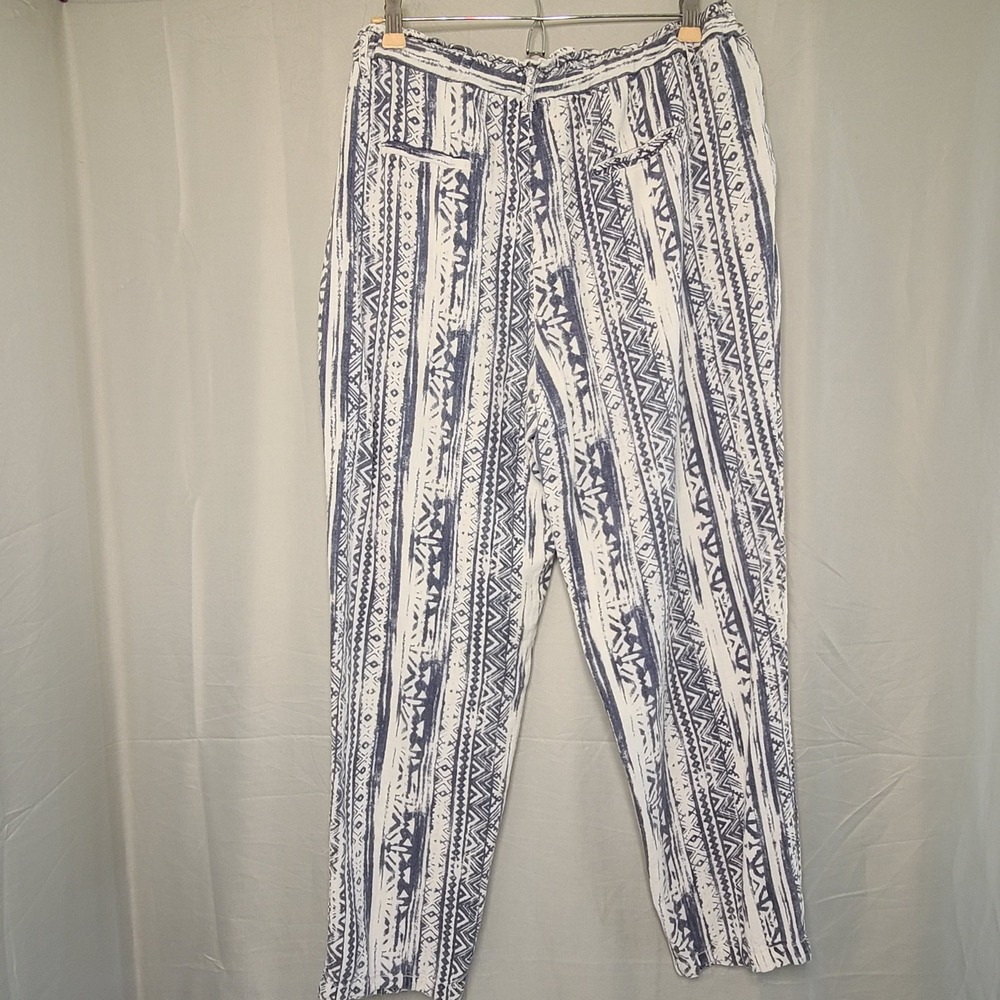 Cali 1850 Tribal Print Pants Womens Large Blue White Linen Blend Paperbag Waist